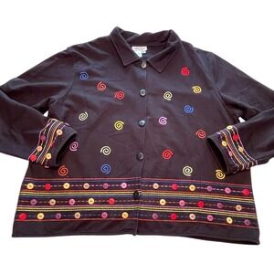 Vintage Coldwater Creek Black Embroidered Swirl Button Up Jacket Womens XL Retro